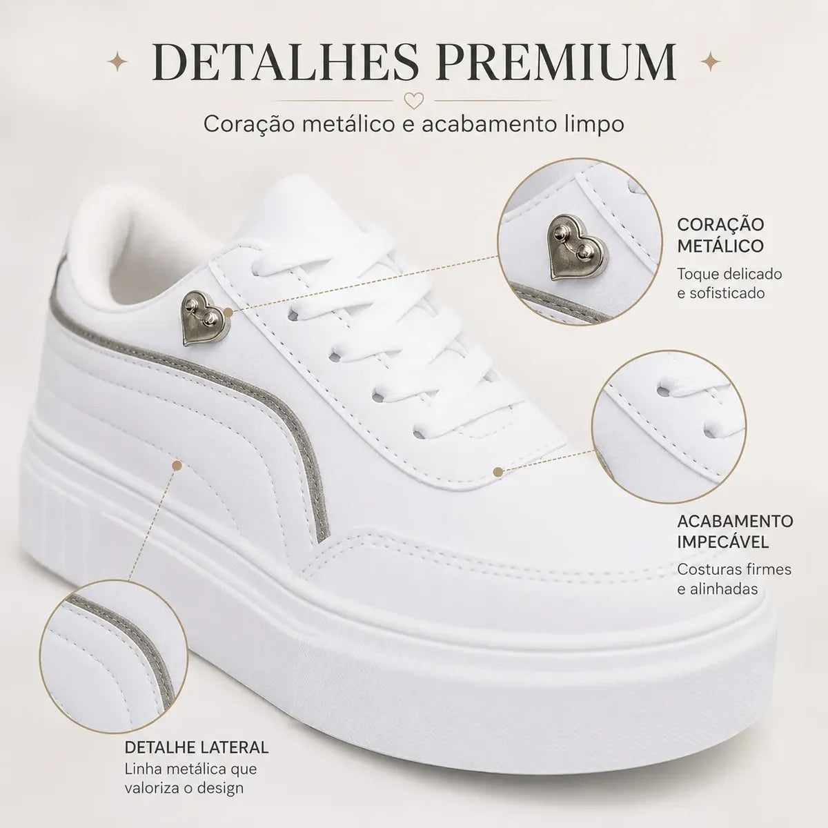Tênis Casual Feminino Branco com Detalhes Prata e Solado Confortável