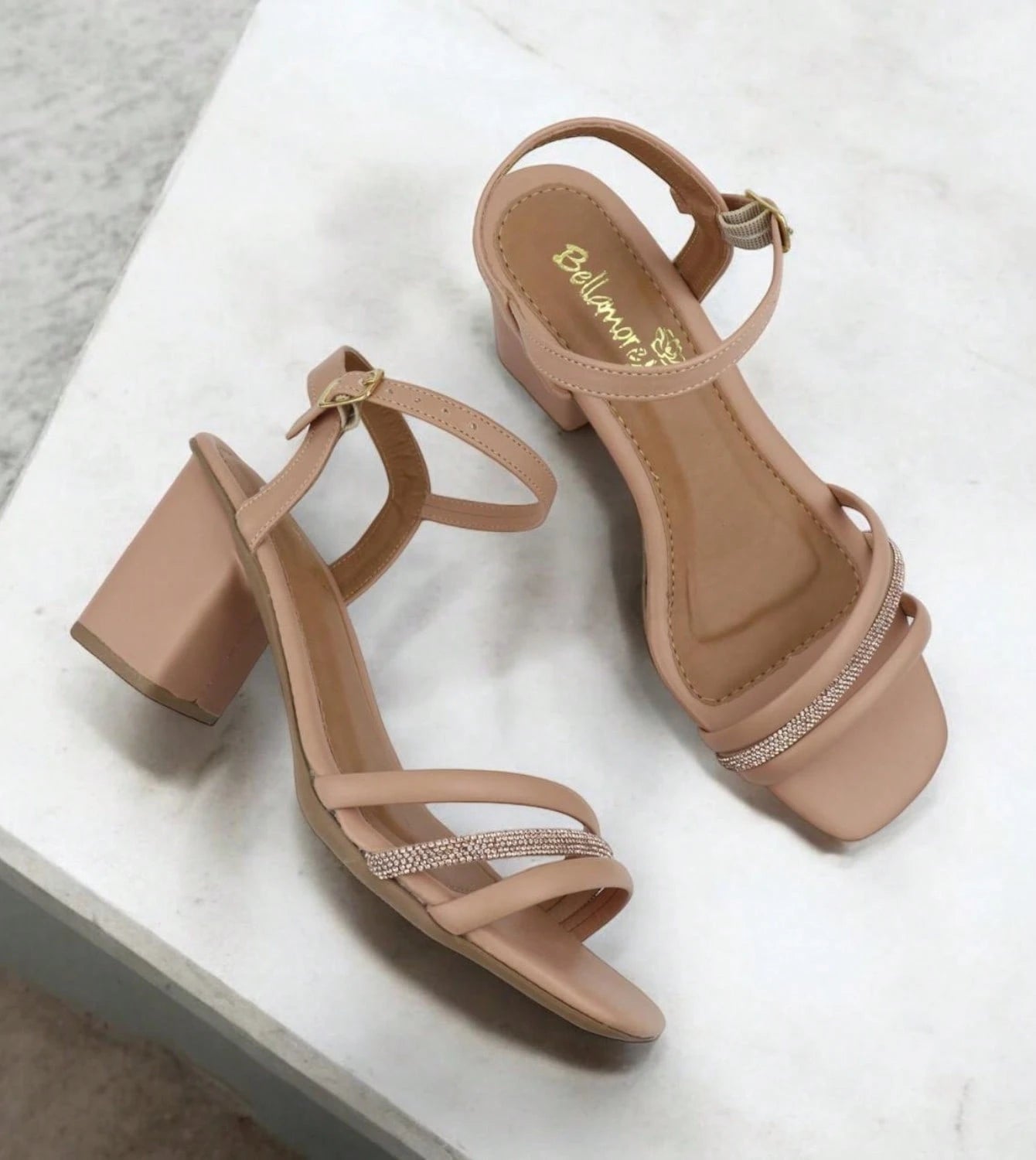 Sandália Feminina Salto Grosso Bloco Elegante Médio Com Brilho Fecho De Fivela Cores Preto,Offwhite,Nude,Azul Carnaval