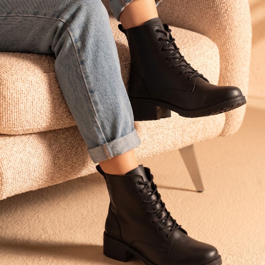 Coturno Feminino Salto Baixo Casual Confortável Macio Bota Cano Baixo com Cadarço