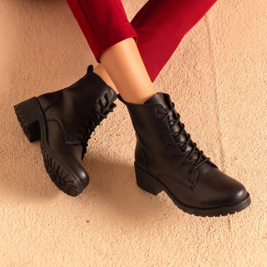 Coturno Feminino Salto Baixo Casual Confortável Macio Bota Cano Baixo com Cadarço