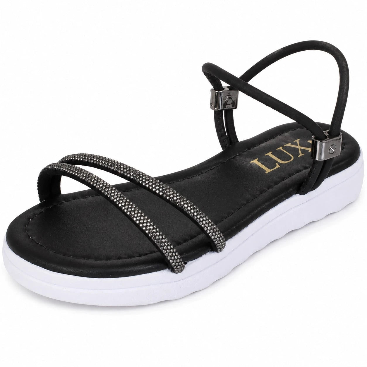 Sandália Feminina Casual Preto Branca Strass Cristal Confortável