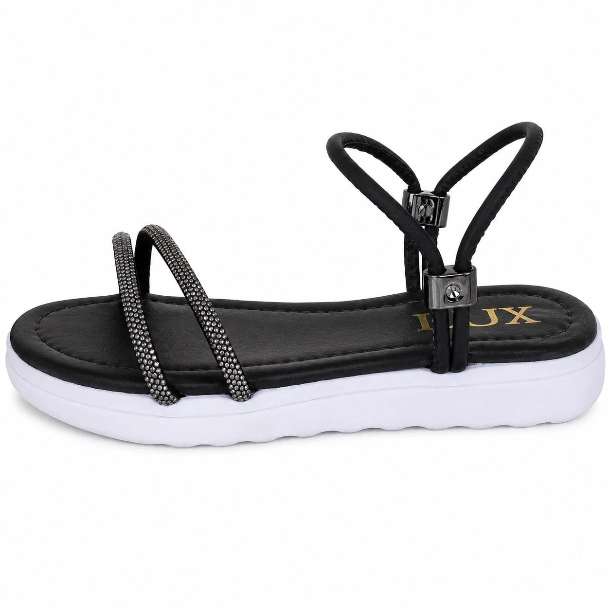 Sandália Feminina Casual Preto Branca Strass Cristal Confortável