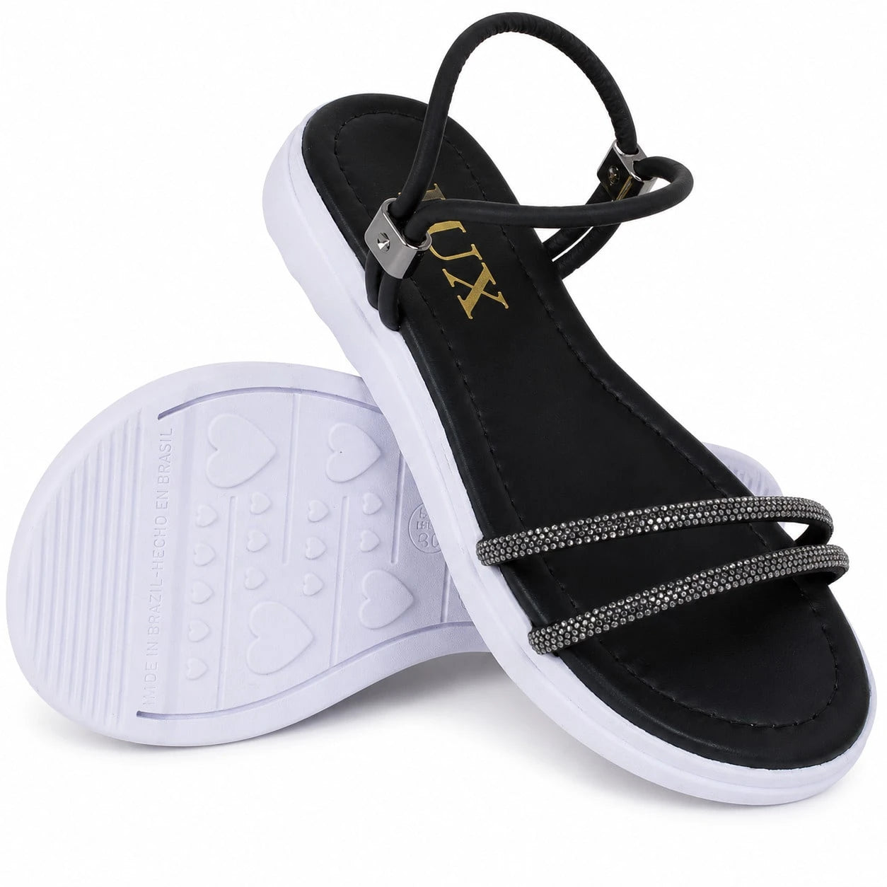 Sandália Feminina Casual Preto Branca Strass Cristal Confortável